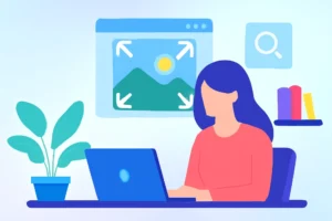 A woman resizing an image on a laptop with icons for resizing, search, and a plant in the background