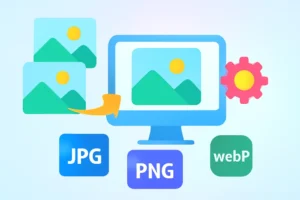 An illustration of a computer monitor displaying an image being resized and converted, with icons for JPG, PNG, and WebP formats, a gear symbol, and stacked image thumbnails