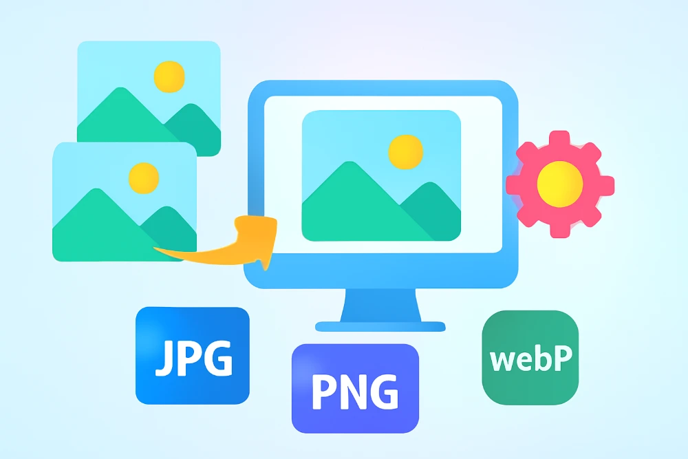 An illustration of a computer monitor displaying an image being resized and converted, with icons for JPG, PNG, and WebP formats, a gear symbol, and stacked image thumbnails