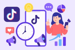 Flat design illustration showing TikTok strategy in 2025 with posting time, engagement, analytics, and growth icons.
