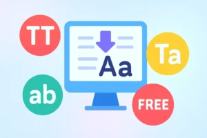 Digital illustration of a text case converter tool with options for uppercase, lowercase, title case, and sentence case.
