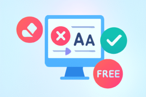 Digital illustration of a text-to-sentence case tool with icons for eraser, checkmark, and 'FREE