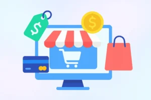 Digital illustration of an e-commerce setup with a computer screen displaying a storefront, price tags, a coin, credit card, and shopping bag icons