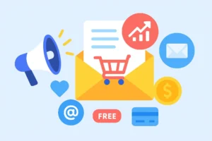 Email marketing illustration with a megaphone, envelope, shopping cart, and icons for ROI, sales, and campaigns.