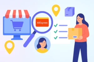 Flat design illustration of finding the best dropshipping suppliers in 2025 with e-commerce and logistics icons