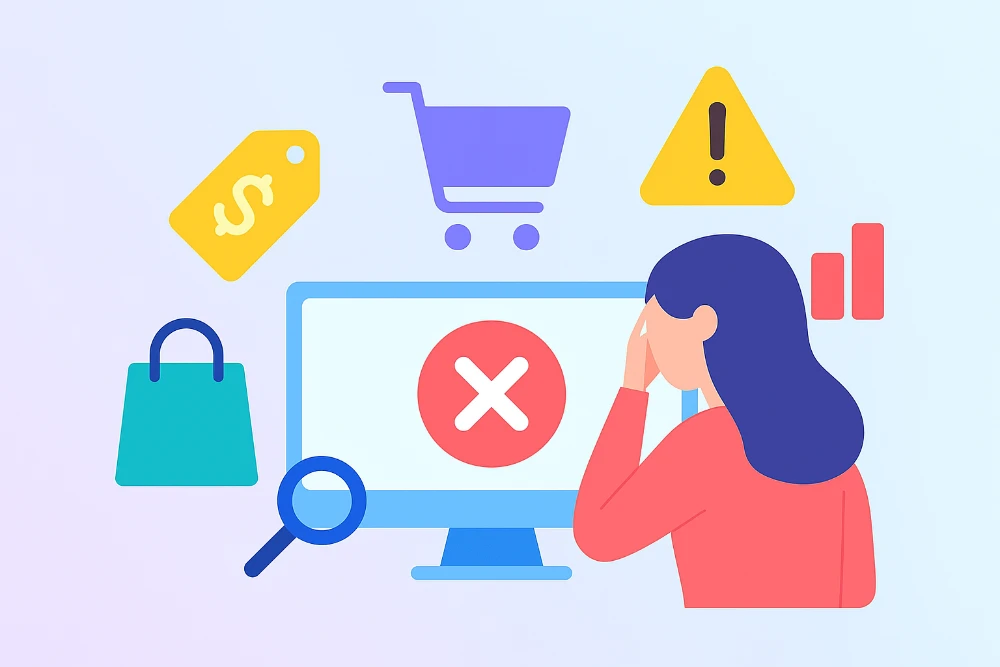 Illustration depicting common e-commerce mistakes like poor UX, hidden fees, and pricing issues, with a frustrated shopper.