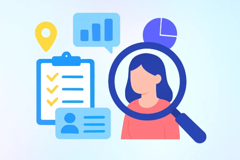 Illustration of a customer persona with icons for demographics, behavior data, and psychographics