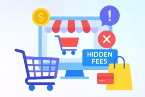 Illustration of an abandoned shopping cart with hidden fees and shopping icons, emphasizing cart abandonment causes.
