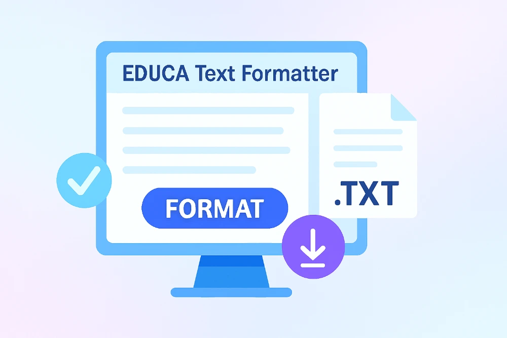 Illustration of the EDUCA text formatter tool with a clean .txt file download option, set against a soft gradient background.