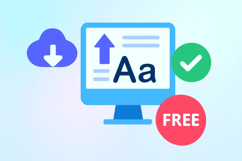 Illustration showing a computer monitor with a text-to-sentence-case conversion tool, featuring an upward arrow, a document icon, and a 'FREE' button, set against a gradient blue background.