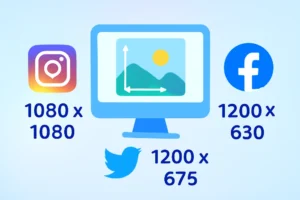 Image showing social media platforms (Instagram, Facebook, Twitter) with their recommended image sizes displayed on a computer screen.