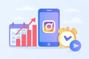 Instagram post timing, social media marketing, graph, alarm clock, smartphone, calendar.