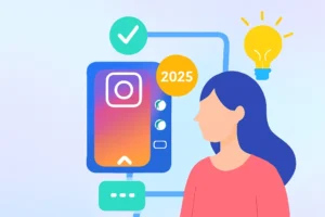 Digital illustration of a woman using Instagram Stories with interactive features and growth icons