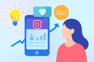 Illustration of a woman using Instagram , with engagement icons like a heart and upward graph, symbolizing growth and interaction
