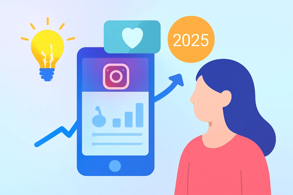 Illustration of a woman using Instagram , with engagement icons like a heart and upward graph, symbolizing growth and interaction